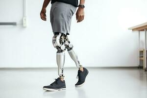 A disabled African American man with prostheses instead of legs poses against a white wall. AI Generative photo