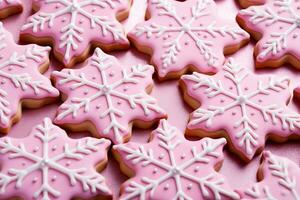 ai generativo. Navidad galletas en el forma de un rosado copo de nieve foto