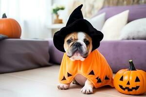 Bulldog in a black hat and orange cape in honor of the Halloween holiday poses in a room sitting on the floor. AI Generative photo