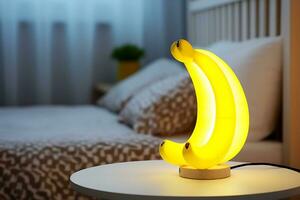 AI Generative. Modern glowing electric lamp in the shape of a banana on the table in the bedroom late at night photo