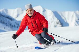 AI Generative. An elderly man in a red and blue ski suit skis on a snowy slope. Horizontal photo