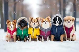 AI Generative. Several dogs of different breeds pose in warm bright jackets in a winter snowy park photo