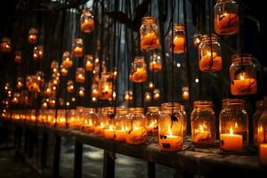 el interior de el habitación es decorado con muchos velas en frascos. velas son en el mesa y colgando encima el mesa. ai generativo foto