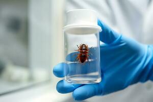 AI Generative. A plastic container with a bedbug in the hands of an entomologist in blue gloves. photo