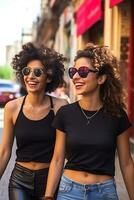 Two slender Hispanic brunette girls with curly hair in black T-shirts are walking down the street in sunny weather. AI Generative photo