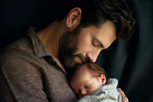 AI Generative.  A young father hugs and touches the head of a newborn baby with his lips. Horizontal photo