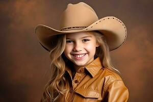 AI Generative.  Cowgirl child in light brown cowboy hat posing on brown background, smiling and looking at camera. Horizontal photo