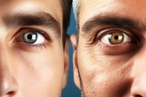 Two halves of a face close-up of the men with blue and brown eyes. AI Generative photo