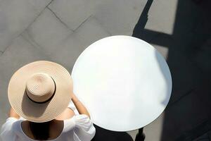 AI Generative. A young woman in a straw hat sits at a round white table in warm sunny weather. View from above. Horizontal photo