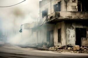 ai generativo. fumar alrededor el destruido edificio desde bombas y misiles destruido edificios, guerra, conflicto foto