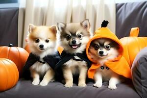 Three puppies in Halloween costumes pose for the camera while sitting on the couch. AI Generative photo