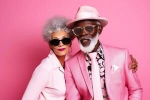 Beautiful trendy senior African American woman and man posing in trendy pink clothes on pink background. AI Generative photo