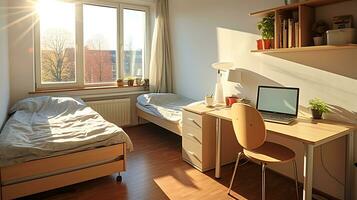 Simple and bright room for two students in a student dormitory. AI Generative photo