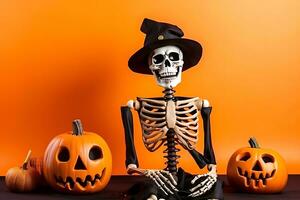 Skeleton in black hat and Halloween pumpkins on orange background. AI Generative photo