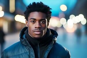 A young African American man poses against the backdrop of a night city. man looking at camera. AI Generative photo