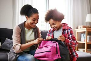 African American mother helping her child pack her child's school backpack in the living room at home. AI Generative photo