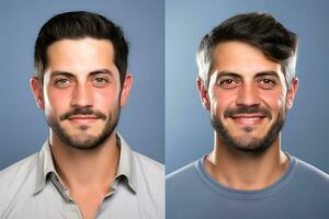 Comparative photo of a man before and after cosmetic keratopigmentation with a femtosecond laser. Blue eyes changed to brown. AI Generative