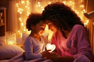 Mother and daughter of an African American woman in pink clothes and in a pink interior of a children's room hold a glowing heart in their hands and hug. AI Generative photo