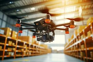 The drone flies around the warehouse and scans barcodes. AI Generative photo