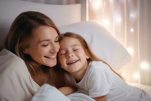 madre deseos su hija bueno noche en el para niños habitación. madre y hija sonriente. ai generativo foto