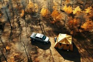 A large tourist tent stands in the middle of the forest in sunny autumn weather. There is a car next to the tent. Drone view. AI Generative photo