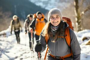 AI Generative. A group of tourists hiking in a snowy mountain forest. Girl tourist looks at the camera and smiles photo