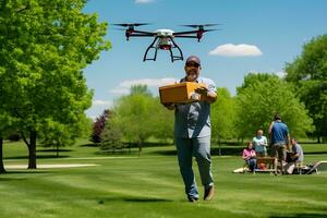 AI generative. A drone delivers food and drinks in a cardboard box to a picnic. photo