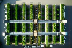 Vertical farm during the daytime. Drone view. AI Generative photo