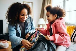 African American mother helping her daughter pack her school backpack in the living room. AI Generative photo