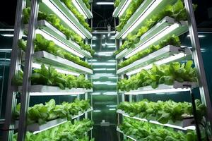 Inside of Greenhouse Hydroponic Vertical Farm Eco system with rows of seedlings of various sorts of garden vegetables growing on shelves ready for harvest. AI Generative photo