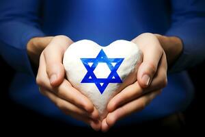 AI generative. female hands holding white heart with blue star of david photo