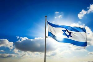 AI generative. Israel flag against blue sky with clouds photo