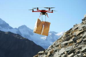 AI generative. A drone delivers an order or first aid in a package flying through the snowy mountain peaks in sunny weather photo