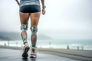 Prostheses on the legs of a young disabled woman. Woman posing against the backdrop of the sea in cloudy weather. Legs close up. AI Generative photo