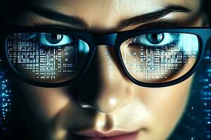 Close up of a beautiful girl's eyes with glasses while she is working with a computer and dates. AI Generative photo