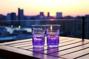 AI Generative. Purple glasses against the backdrop of the city at sunset. A date for two. Horizontal photo