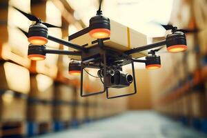 The drone flies around the warehouse and scans barcodes. AI Generative photo