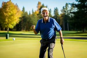 AI Generative. An elderly man plays golf enthusiastically on a green course. The man is emotionally happy about winning. Horizontal photo