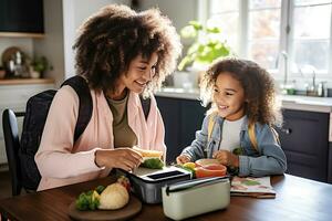 African American mother packing a lunch box for her daughter in the home kitchen. Daughter stands by and helps. AI Generative photo