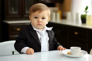 un linda rubio niño en un negocio traje es sentado a el mesa en el cocina. ai generativo foto