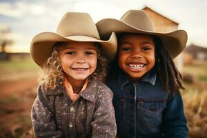 AI Generative. African American and European cowgirls in cowboy hats looking at the camera and smiling. Horizontal photo