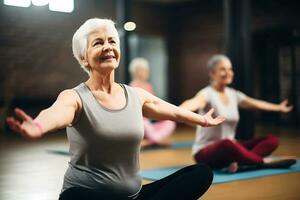 AI Generative. Elderly woman doing yoga in a fitness club. Horizontal photo