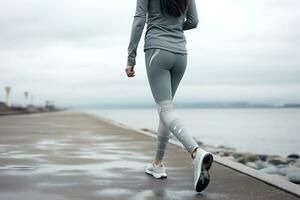 Woman in a gray tracksuit jogging along the seashore in cloudy foggy weather. AI Generative photo