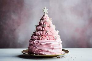 AI generative. Christmas cake in the shape of a pink Christmas tree decorated with stars photo