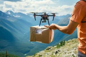 AI generative. A drone delivers food, drinks or medicine in cardboard packaging to the mountains. A man receives an order or assistance using a drone. photo