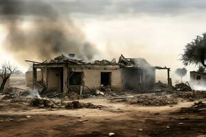 AI generative. A huge column of black smoke above a destroyed building. Destroyed buildings, war, conflict photo