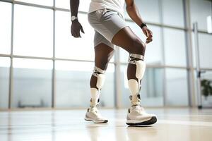 A disabled African American man with prostheses instead of legs trains in a rehabilitation center d in a white light room. Legs close up. AI Generative photo