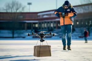 AI generative. Drone delivery of an order in a cardboard box to an ice skating rink photo