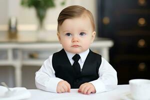 A cute blond child in a business suit is sitting at the table on the kitchen. AI Generative photo