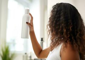 AI generative. A girl with curly hair stands with her back to the camera and holds in her hands a remedy for the unpleasant odor of the scalp and hair photo